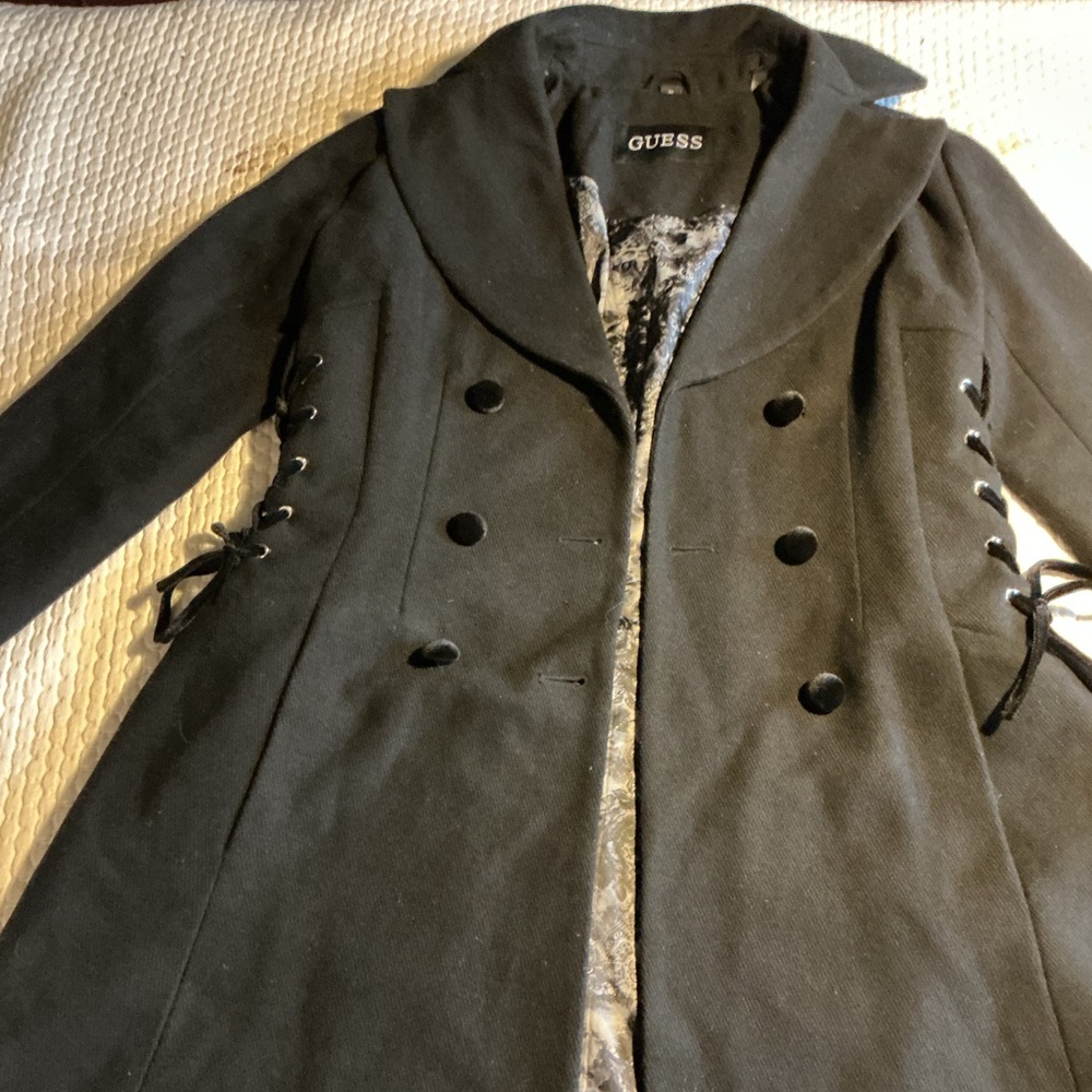 GUESS Black Double-Breasted Lace-Up Pea Coat